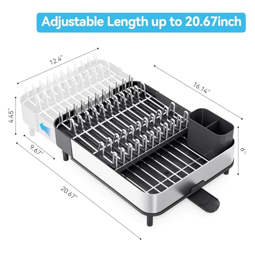 Urackify Dish Drying Rack - Dish Drainer for Kitchen Counter, Stainless Steel Dish Rack with Swivel Draining Spout & Drain Board, Expandable Space-Saving Kitchen Dish Organizer for 3-4 People, Black - color: Black