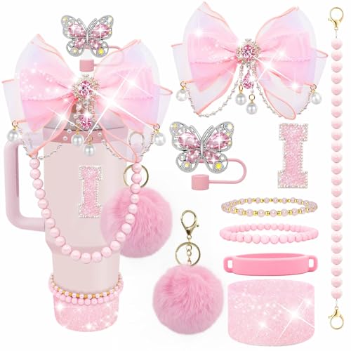 Letter Stickers Bling Accessories Set for Stanley 40/30/20 oz Tumbler: Bow Straw Topper, Charms, Butterfly Cap, Pearl Strap, Silicone Boot, Accessories for Stanley Quencher H2.0 - color: Pink Peony, style: I
