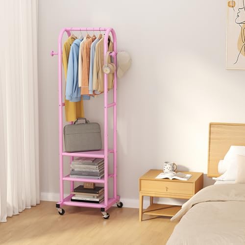 Dttwacoyh Metal Clothing Rack with Wheels and Hanging Hooks,Narrow Coat and Shoe Rack,Small Hall Tree,for Small Space, Bedroom, entryway, Walk-in Closet, Laundry Room– Pink - color: Pink