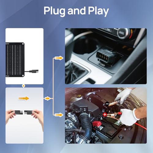 ECO-WORTHY Upgraded OBDII 10W Solar Battery Trickle Charger Maintainer-12V Waterproof Solar Panel Trickle Charger Kit with Portable Stand for Car Truck Boat Mower RV Trailer ATV Marine Battery - size: 10W