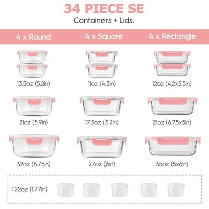 34pcs Glass Food Storage Containers with Lids Set, Airtight Glass Meal Prep Containers (17 Containers & 17 Lids), Leak Proof Lunch Container BPA-Free, Microwave, Oven, Freezer, Dishwasher Safe-PINK - color: PINK