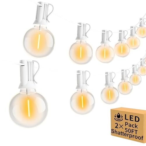100FT 2Pack Outdoor String Lights LED Outside Waterproof Patio Lights Backyard Heavy-Duty Shatterproof Plastic G40 Bulbs Connectable Globe Light Decor Yard Café Exterior White Wire - size: 100FT-White