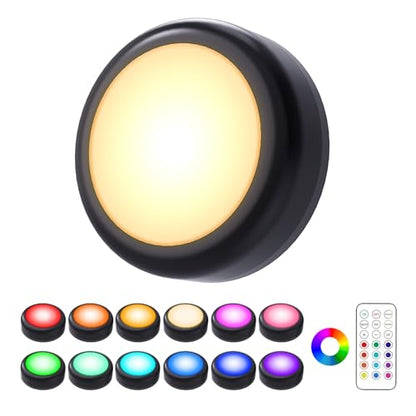 Cadrim Puck Lights, 1 Pack 13 Colors Changeable LED Puck lightings Battery Powered Dimmable Under Cabinet Lamps, Battery Powered Under Counter Lamp with 1 Wireless Remote Controls, Black - color: Black, size: 1pack