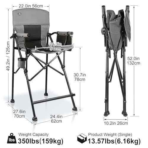 LANMONTAIN 2 Pack Tall Folding Camping Chairs,30.7'' Seat Height Portable Hard Arm Bar Chairs w/Cup Holder,Side Mesh Pocket and Footrest,Heavy Duty Support 350 Lbs Comfy Director Chairs,Black&Grey - color: Black&grey 2 Pack