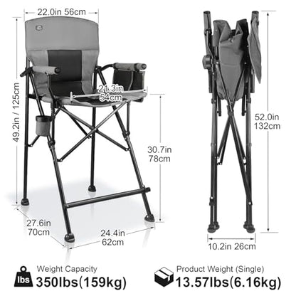 LANMONTAIN 2 Pack Tall Folding Camping Chairs,30.7'' Seat Height Portable Hard Arm Bar Chairs w/Cup Holder,Side Mesh Pocket and Footrest,Heavy Duty Support 350 Lbs Comfy Director Chairs,Black&Grey - color: Black&grey 2 Pack