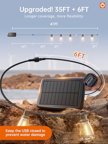 addlon 35FT Solar String Lights Outdoor, IP54 Waterproof Solar Powered with Remote & USB Port, 10+1 LED Shatterproof Bulbs, Dimmable Solar Light Outdoor for Camping Backyard Bistro Porch (Pack of 2) - size: 35FT (Pack of 2)