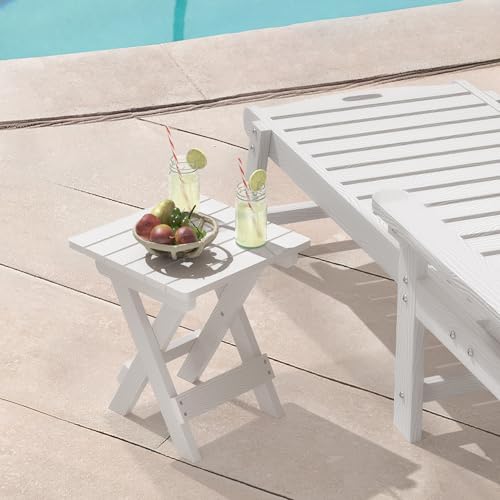 LUE BONA Small Outdoor Folding Side Table, HDPS Outside End Table for Patio, Porch, Deck, Pool, 14 Inch Height, White - color: White