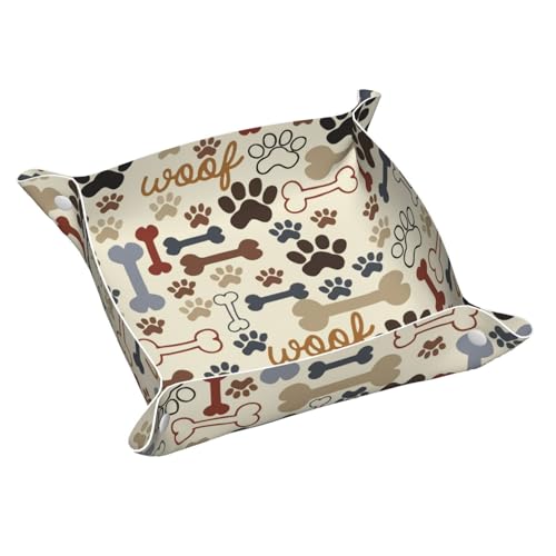 Dog Paw Prints Bones Leather Vanity Tray Desktop Storage Organizer Decorative Catchall Perfume Tray Bathroom Valet Nightstand Caddy Holder for Remote Controller Keys Phone Wallet Coin Jewelry, S - color: Dog Paw Prints Bones, size: 7.9" x 7.9" x 0.2"