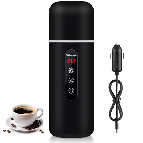 Car Kettle,Portable Electric Travel Kettle,12V/24V Car Coffee Warmer,420ML Hot Water Boiler,Small Hot Water Heater, Mini Hot Water Boiler with Built-in Magnetic Induction Stirring for Tea Coffee Milk - color: Black