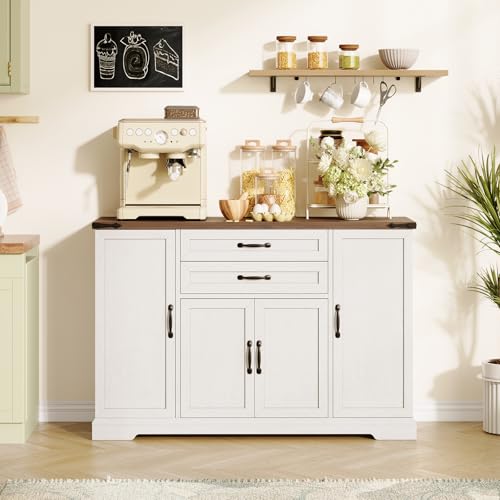 Vabches Sideboard Buffet Cabinet with 2 Drawers, Farmhouse Kitchen Pantry with Adjustable Shelves, Coffee Bar Cupboard Cabinet with 4 Doors for Kitchen & Dining Room
