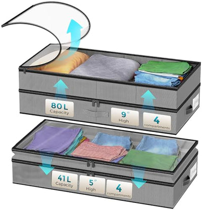 【4 compartments】2 Pack Under Bed Storage, Double Layer Extensible Underbed Storage Containers,Dust-free Clothes Storage Bins with Sturdy Sidewalls/Bottom,PVC Clear Window for Shoes Storage Organizer