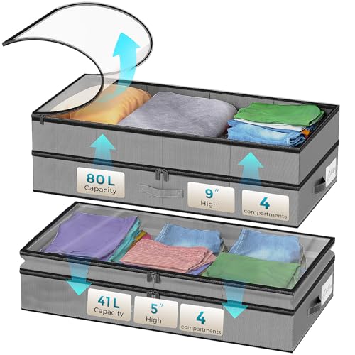 【4 compartments】2 Pack Under Bed Storage, Double Layer Extensible Underbed Storage Containers,Dust-free Clothes Storage Bins with Sturdy Sidewalls/Bottom,PVC Clear Window for Shoes Storage Organizer