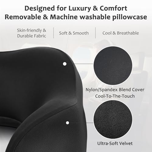 Travel Pillow, Memory Foam Travel Neck Pillow for Airplane, Ergonomic Neck Support with Washable & Breathable Cover, Includes Eye Mask, Earplugs & Compact Bag for Long Flights (Black)