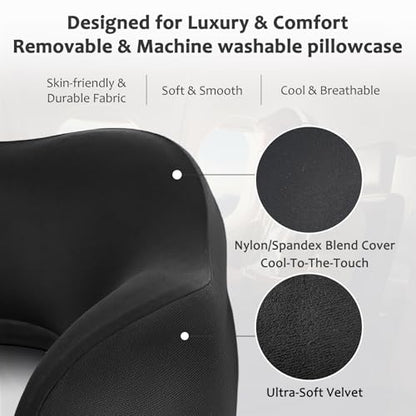 Travel Pillow, Memory Foam Travel Neck Pillow for Airplane, Ergonomic Neck Support with Washable & Breathable Cover, Includes Eye Mask, Earplugs & Compact Bag for Long Flights (Black)