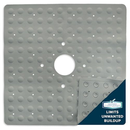 SlipX Solutions Square Natural Rubber Shower Stall Mat, 21” x 21”, Mildew Resistant, Non Slip Safety, Antimicrobial Product Protection, 140 Power Grip Suction Cups, Center Drain Hole, Tan - color: Tan