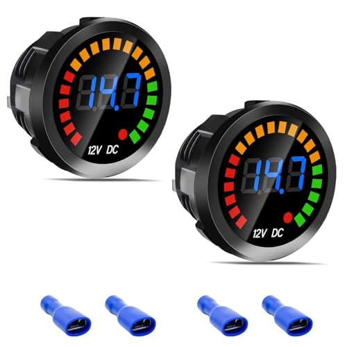 2PCS Waterproof DC 12V Voltage Meter, LED Digital Display Voltmeter Gauge Panel, Round Battery Monitor with Mounting Plate & Wires & Terminals, for Marine Car Vehicle Motorcycle Truck Boat RV ATV UTV - color: Light black, size: 2P