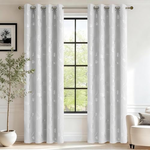 BUHUA Heat Blocking Curtains, Black Out Curtains 72 Inch Long 2 Panels Burg, Soundproof Curtains with Silver Leaf Printed (52 x 72 Inch,Greyish White,Set of 2 Panels) - color: Silver Leaf /Greyish White, size: 52"W x 72"L (Pack of 2)