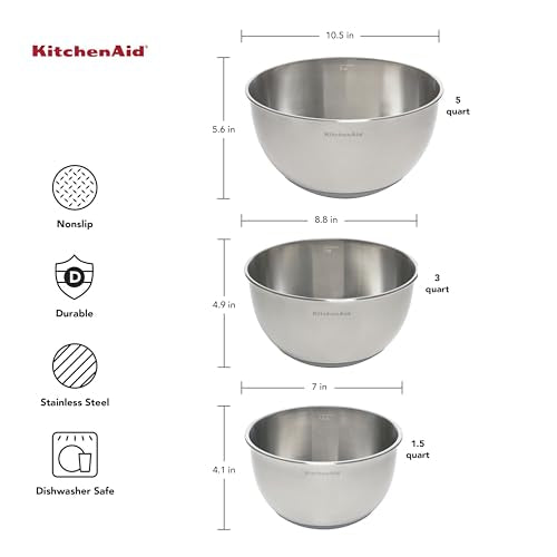 KitchenAid Stainless Steel Mixing Bowls, Set Of 3 - color: Stainless Steel, size: Set of 3