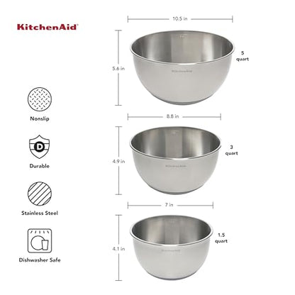 KitchenAid Stainless Steel Mixing Bowls, Set Of 3 - color: Stainless Steel, size: Set of 3