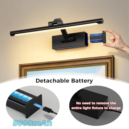 Picture Light Removable Battery Charging, 16in Wireless Art Light for Paintings, Dimmable 5000mAh Recharging Battery Picture Light with Remote Control for Pictures Display - color: Black