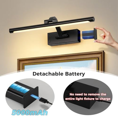 Picture Light Removable Battery Charging, 16in Wireless Art Light for Paintings, Dimmable 5000mAh Recharging Battery Picture Light with Remote Control for Pictures Display - color: Black