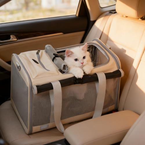 Pet Carrier Bag for Cats & Small Dogs, Airline Approved Travel Cat Carrier with Mesh Windows, Shoulder Strap & Removable Mat, Foldable Design for Home & Outdoor Trips - color: Beige