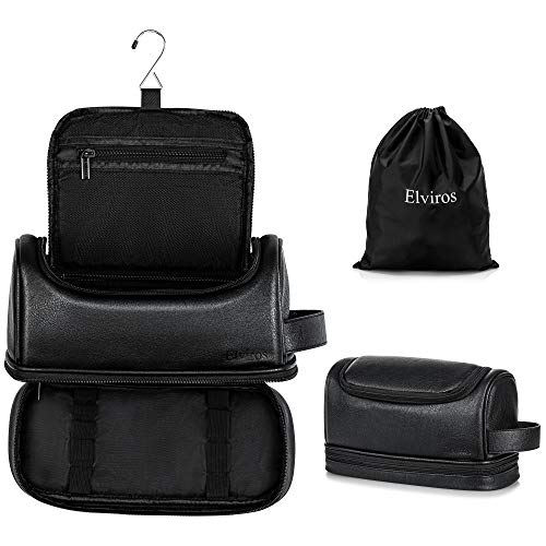 Elviros Toiletry Bag for Mens PU Leather Travel Organizer Kit with Hanging hook, Large Water-resistant Toiletries Bathroom Shaving Bags (Black) - color: Black, size: Large (Pack of 1)