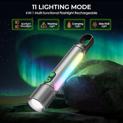 ADDplus Magnetic Flashlight Rechargeable,2000LM 5000mAh Flashlights High Lumens with 18 Modes,Waterproof, Adjustable,Powerful Flash Light,Multi-Flashlights for Home,Car,Hiking,Camping (1, Silver) - color: Silver