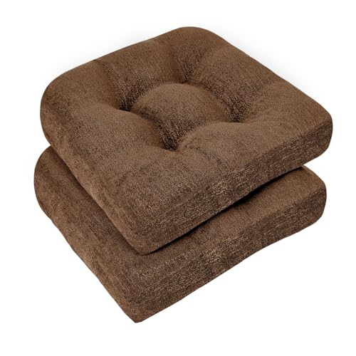 downluxe Chair Cushions for Dining Chairs 2 Pack, Tufted Indoor Chair Pads with Non-Slip Bottom, U-Shaped Kitchen Chair Cushions, 18"x18"x4", Brown - color: Brown, size: 18"x18"x4"(2 Pack)