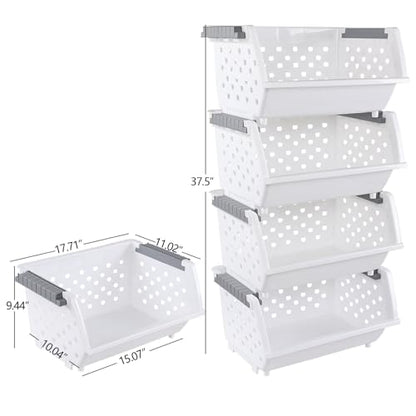 Set of 4 Plastic Stackable Storage Baskets, Stackable Organizer Bins for Kitchen, Pantry and Bathroom, White