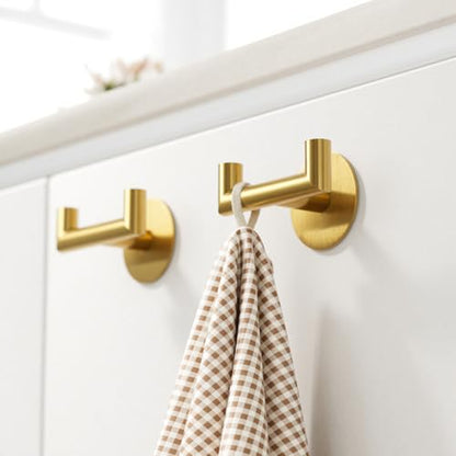 GWAAZXGZ 2 Pack Brushed Gold Bathroom Hooks for Towels - Self Adhesive Double Hooks for Wall, No Drilling, Stainless Steel 304, Strong Hold for Robes, Coats, Shower Use - color: Gold