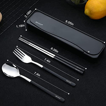 DEVICO Travel Utensils, 18/8 Stainless Steel 4pcs Cutlery Set Portable Camp Reusable Flatware Silverware, Include Fork Spoon Chopsticks with Case (Black) - color: Black