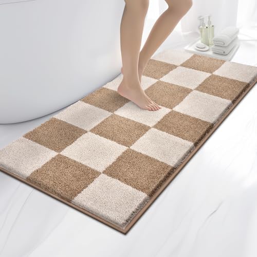 anllugs Bathroom Rugs 24" x 60", Non-Slip Extra Soft Absorbent Bath Rugs, Machine Washable Quick Dry Bath Mats for Bathroom Floor, Shower, Bathtub and Sink, Checkered Beige & Grayish Brown - color: Checkered-beige & Grayish Brown, size: 24" X 60"