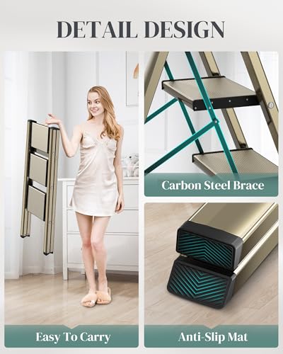 3 Step Ladder, Folding Step Stool with Wider Pedal, Anti-Slip Feet & Non Slip Stripes, Aluminum Sturdy Material, 300Lbs Capacity, Elegant Look of Champagne Gold Better Matches Your Home - color: Champagne Gold, size: 3 Step