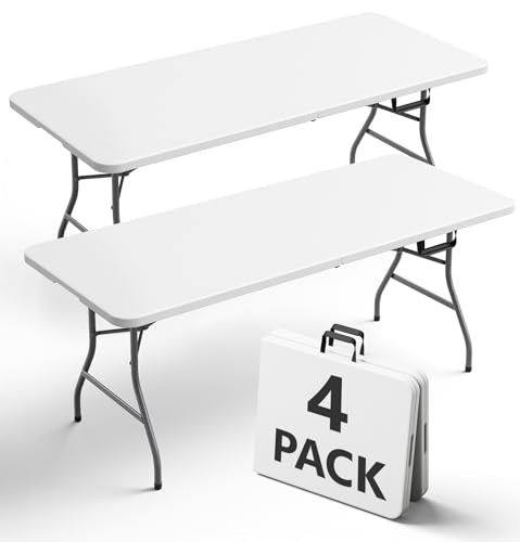 6FT Folding Table 4 Pack, Heavy Duty Plastic Table with Handel, 400lbs Portable Table, Reinforced Steel Legs, Fold-in-Half Table Ideal for Parties, Picnics, Weddings, Camping White - color: White, size: 6FT-4pack