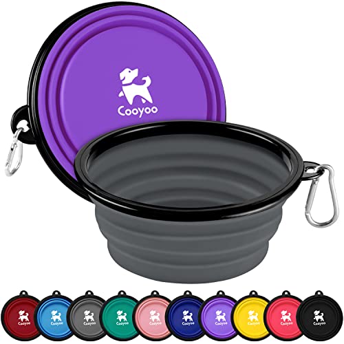 COOYOO Collapsible Dog Bowl,2 Pack Collapsible Dog Water Bowls for Cats Dogs,Portable Pet Feeding Watering Dish for Walking Parking Traveling with 2 Carabiners - color: 10#Purple+Grey, size: Small