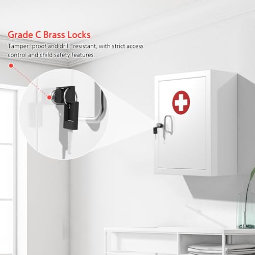 Locking Medicine Cabinet Wall-Mount: Storage Cabinet with Lock & Key - White Metal First Aid Kits for Family Safety and Childproofing - color: Matte White