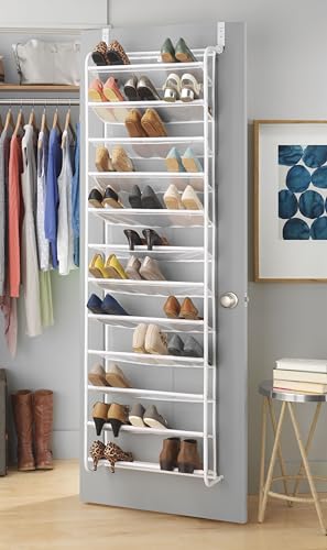 Whitmor 36 Pair Over The Door Shoe Organizer, 12 Tier Hanging Shoe Organizer, Heavy Duty Metal & Mesh Shoe Holder, Hanging Shoe Rack for Closet Organizer & Storage, 74"H x 21.7"W x 7.5"D, White - color: White