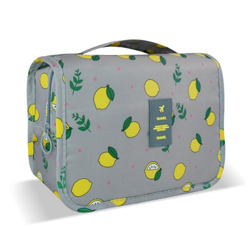 Portable Hanging Toiletry Bag for Travel,Small Multifunctional Makeup Cosmetic Bag for Women,Waterproof Travel Toiletries Organizer,Shower Bathroom Pouch with Hook for Gym,Camping - Grey Lemon - color: Grey Lemon