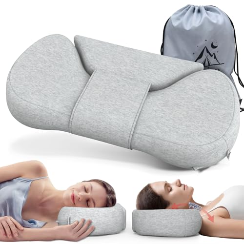 Cervical Neck Roll Pillow, Say Goodbye to Neck Pain, Travel Neck Support Pillow for Side Sleepers, Ergonomic Memory Foam Camping Pillow, Cervical Traction Device with Storage Bag (Gray) - color: Gray