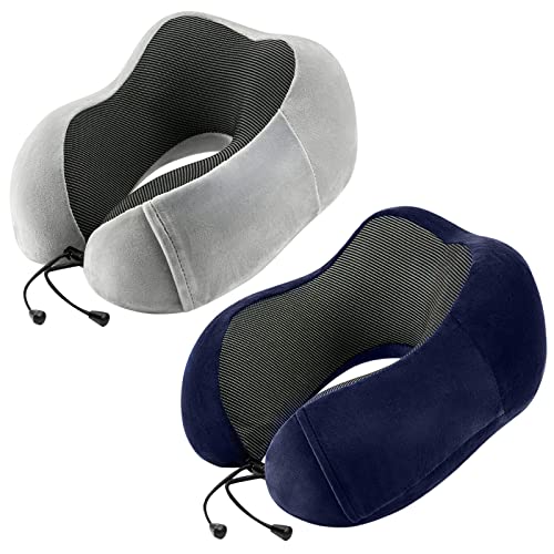urnexttour Travel Pillow for Airplane-2 Pack Memory Foam Neck Pillows, Soft Support Travel Essentials for Travelling, Sleeping Rest, Car, Train and Home Use(Grey&Blue) - color: Grey&blue