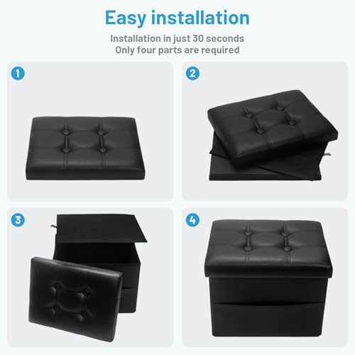 Bsketa Storage Ottoman Foot Rest Stool, Small Leather Storage Ottomans Bench, Folding Footstool with Side Pockets, Foot Rest Under Desk for Living Room Bedroom, 17x13x13 in, Black - color: Black-with Side Pockets.