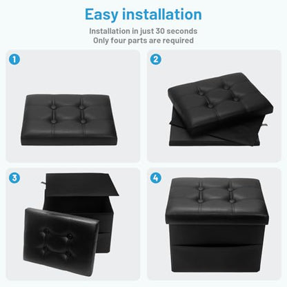 Bsketa Storage Ottoman Foot Rest Stool, Small Leather Storage Ottomans Bench, Folding Footstool with Side Pockets, Foot Rest Under Desk for Living Room Bedroom, 17x13x13 in, Black - color: Black-with Side Pockets.