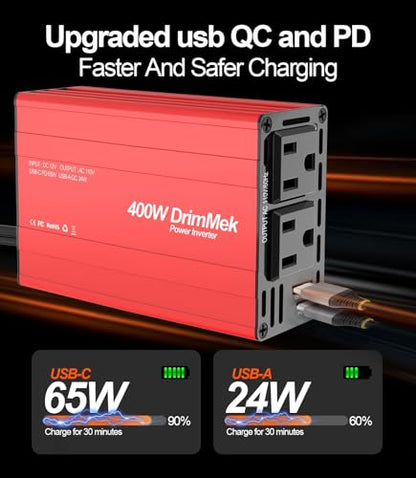 400W Car Power Inverter for Vehicles｜24W+65W USB C,12V DC to AC | 65w Fast Charger,2 AC Output,Aluminum alloy casing - color: RED
