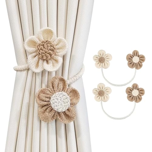 SRG Curtain Tiebacks for Curtains 2 Pack, Decorative Curtain Holdbacks for Drapes, Handmade Tie Backs No Drilling for Home Bedroom Window Decor – Sunflower Cream Khaki - color: Sunflower Cream Khaki