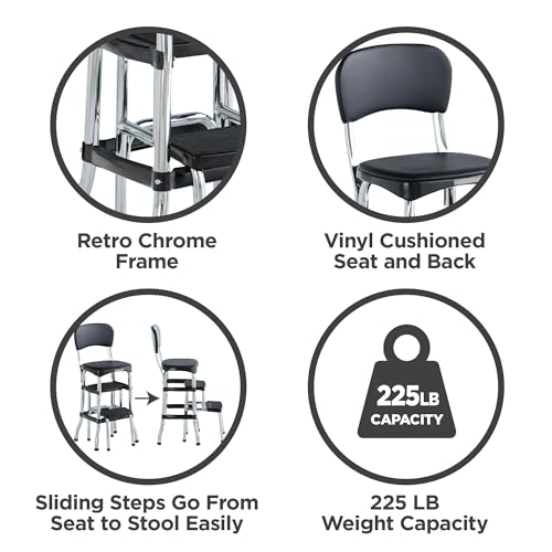 COSCO Retro Plastic & Vinyl Upholstered Stylair Retro Counter Height Chair with Step Stool, Comfortable Cushioned Seat and Back, in Black & Chrome Finish - color: Black