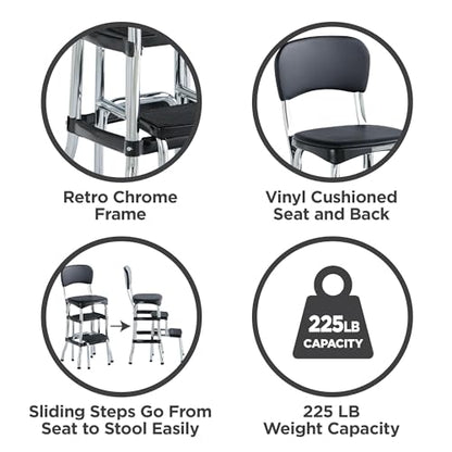 COSCO Retro Plastic & Vinyl Upholstered Stylair Retro Counter Height Chair with Step Stool, Comfortable Cushioned Seat and Back, in Black & Chrome Finish - color: Black