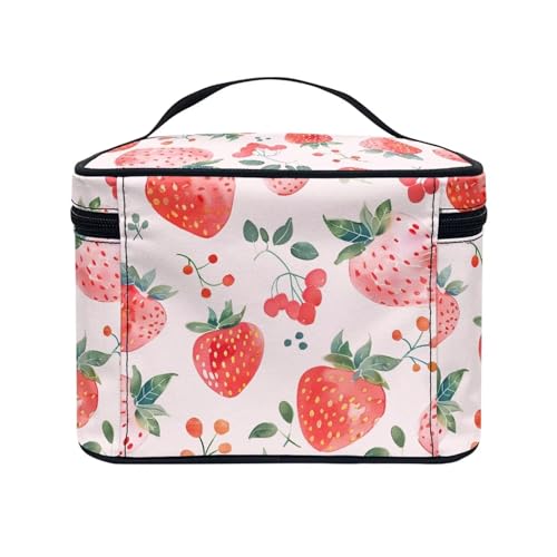 Comestic Bag for Women Strawberry Printed Makeup Brush Bag Exquisite Portable Travel Case for Toiletries Skin-Care Products with Versatile Uses - color: Strawberry
