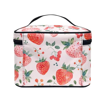 Comestic Bag for Women Strawberry Printed Makeup Brush Bag Exquisite Portable Travel Case for Toiletries Skin-Care Products with Versatile Uses - color: Strawberry