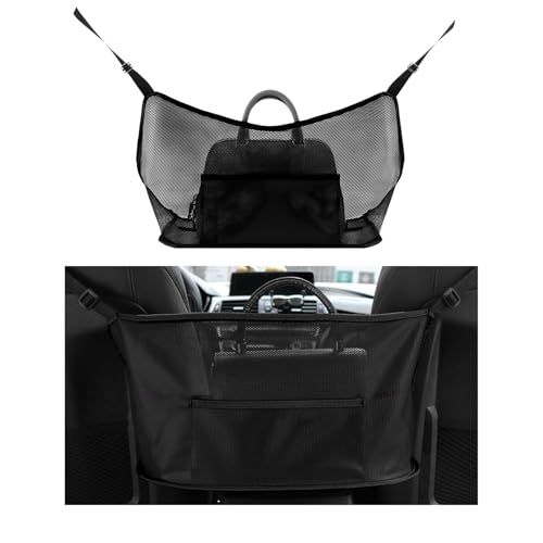 Car Net Pocket Handbag Holder, Auto Purse Holder Organizer Mesh Bag Between Front Seats, Large Capacity Driver Storage Netting Pouch Backseat Barrier for Handbags Purses Wallets